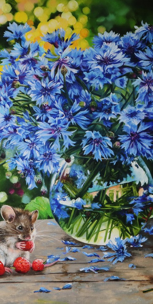 Still life with Blue Flowers and curious little mouse among succulent strawberries by Natalia Shaykina