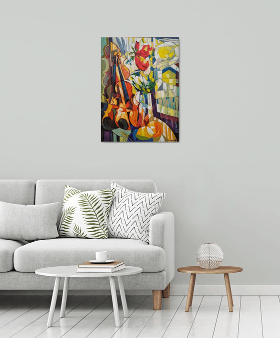 Still life with lemons and violin (60x80cm, cubism, oil painting, ready to hang)