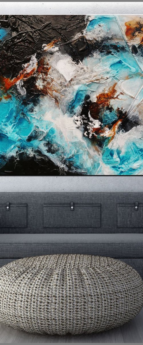 Aquatic Silk 140cm x 100cm Aqua Black Textured Abstract Art by Franko