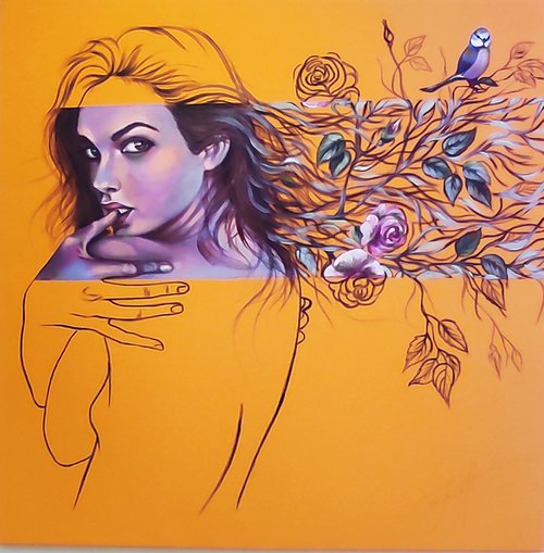 "Flora", original acrylic large formate painting,100x100x2 cm, ready to hang by Elena Kraft