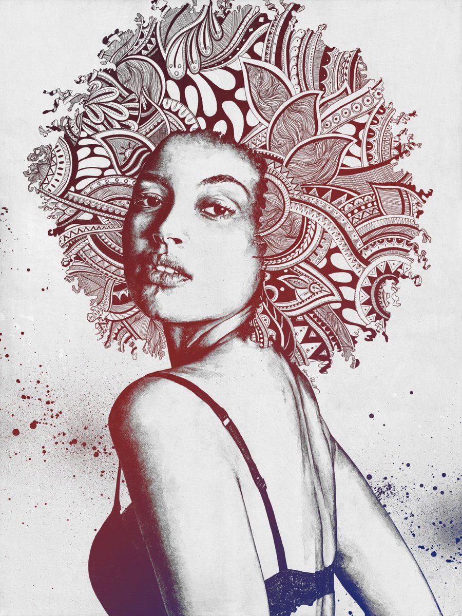 Red Viewphoria | zentangle afro girl realistic portrait by Marco Paludet