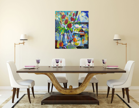 Still life with roses (80x90cm, cubism, oil painting, ready to hang)