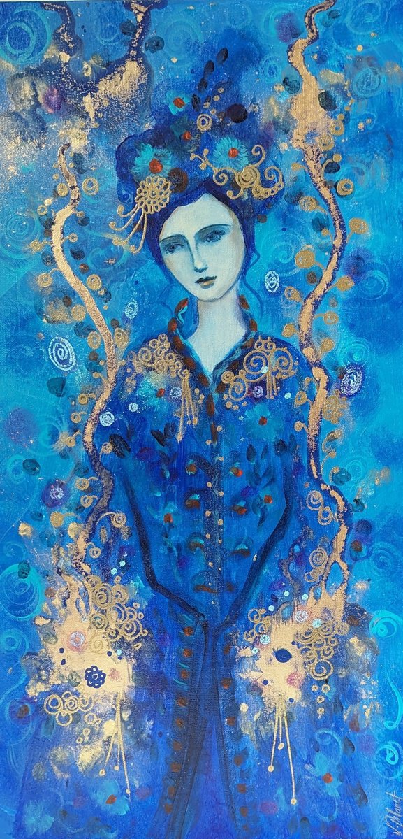 Illustrative Portrait Painting By Loetitia Pillault, 12 X 24", Between Sky And Ocean, Original Artwork