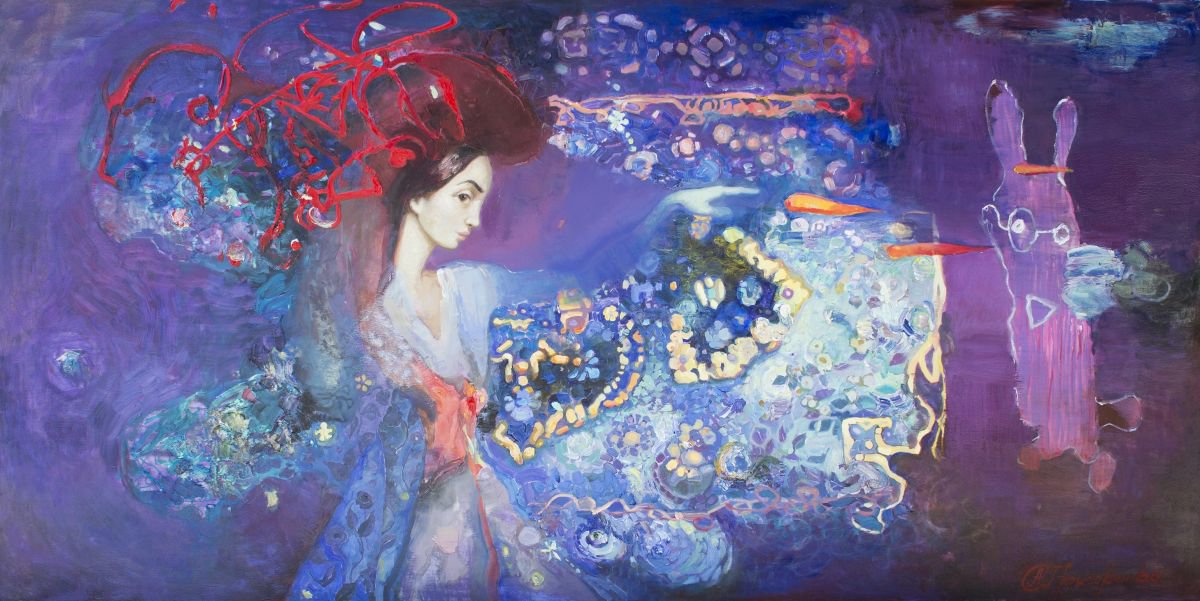 Impressionistic Portrait Oil Painting By Anastasiia Grygorieva, 79 X 39, Throwing The Carrot To Rabbit, Original Artwork