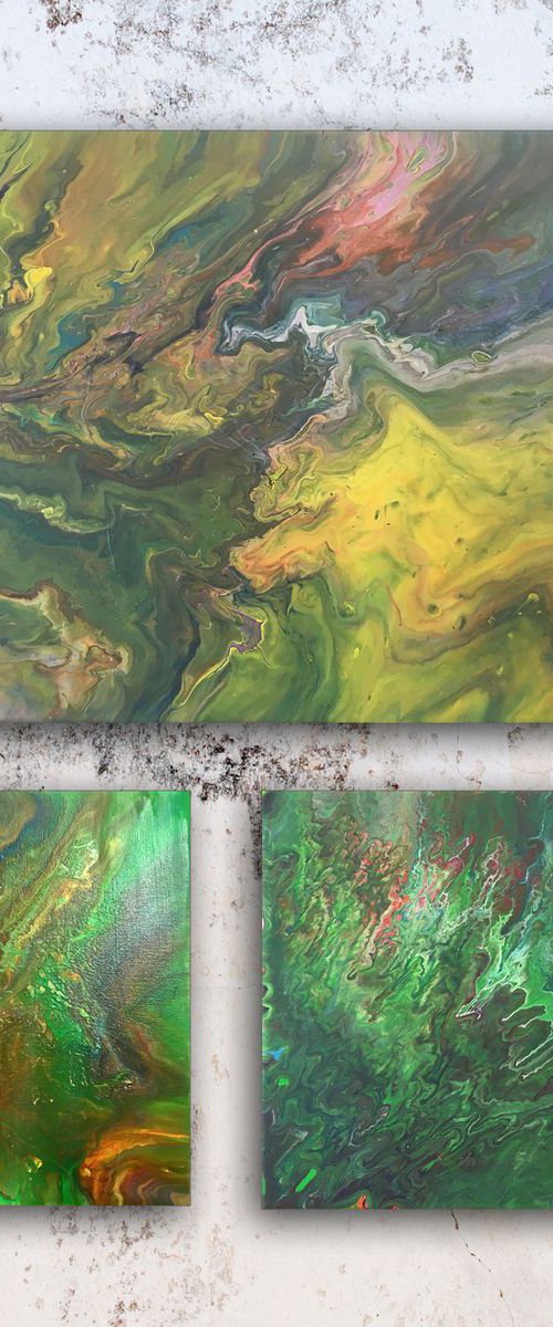 "Jungle Fever" - FREE USA SHIPPING - Original Triptych, Abstract PMS Acrylic Paintings Series - 21" x 28" by Preston M. Smith (PMS)