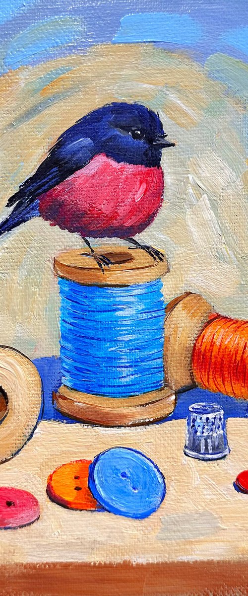 Pink Robin bird and thread spools by Irina Redine