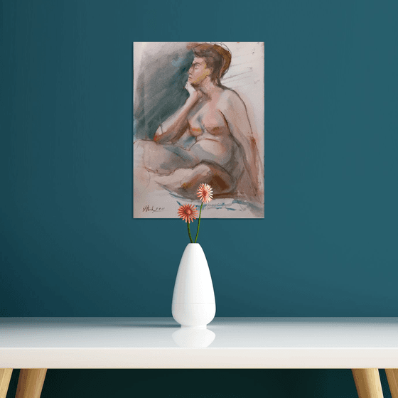 Pregnant nude woman thinking