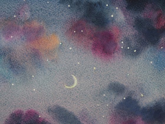 New moon - original watercolor sky painting