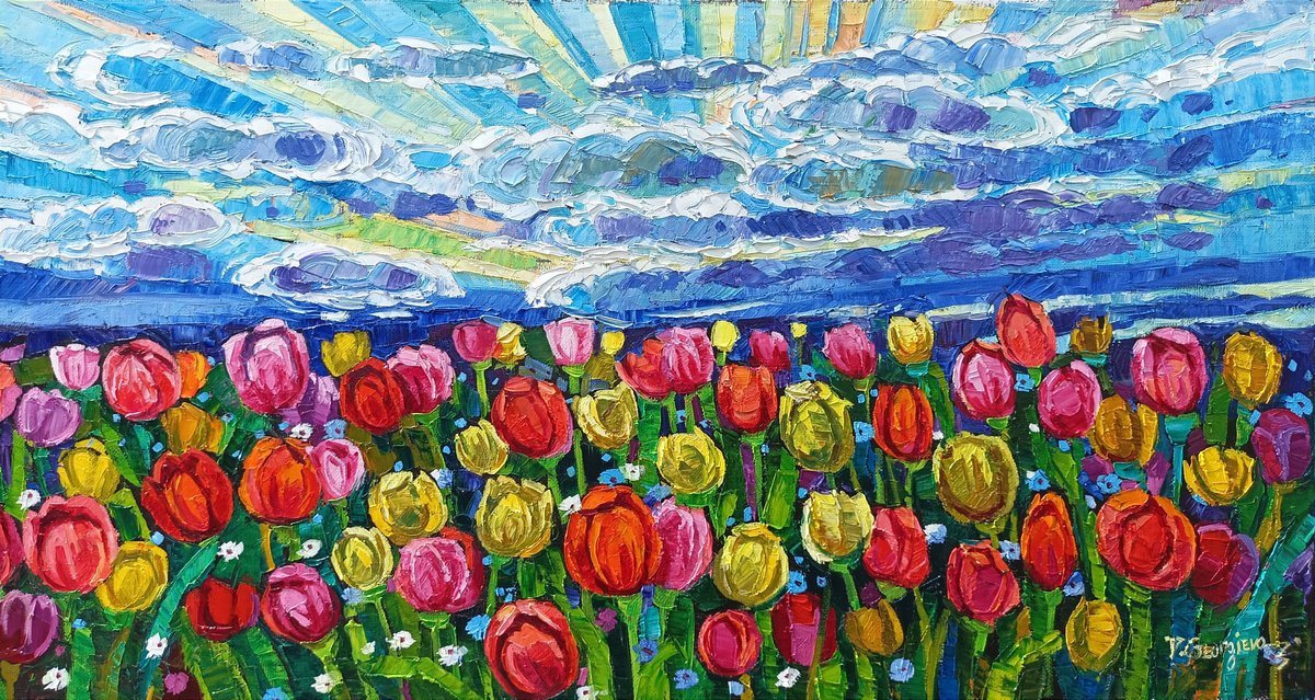Impressionistic Botanical Oil Painting By Vanya Georgieva, 47 X 24", Tulips, Original Artwork
