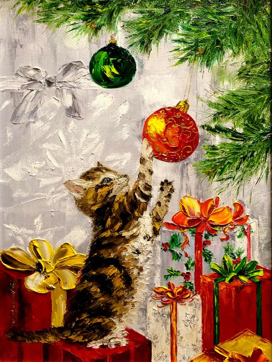 CHRISTMAS SURPRISE - A cat. New Year. Christmas. Gift. Kitten. Cute cat. Christmas tree. Toys. Christmas toys. Gifts. A gift for Christmas. Atmosphere. Coziness. Happiness. Holidays.