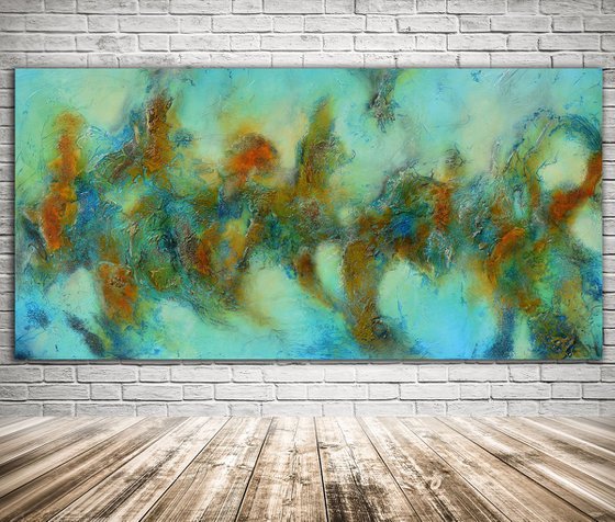 After the Storm - large blue and brown long abstract textural painting