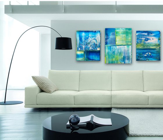 "Just Chillin" - Save As A Series - Original PMS Abstract Acrylic Painting Triptych On Canvas - 50" x 24"