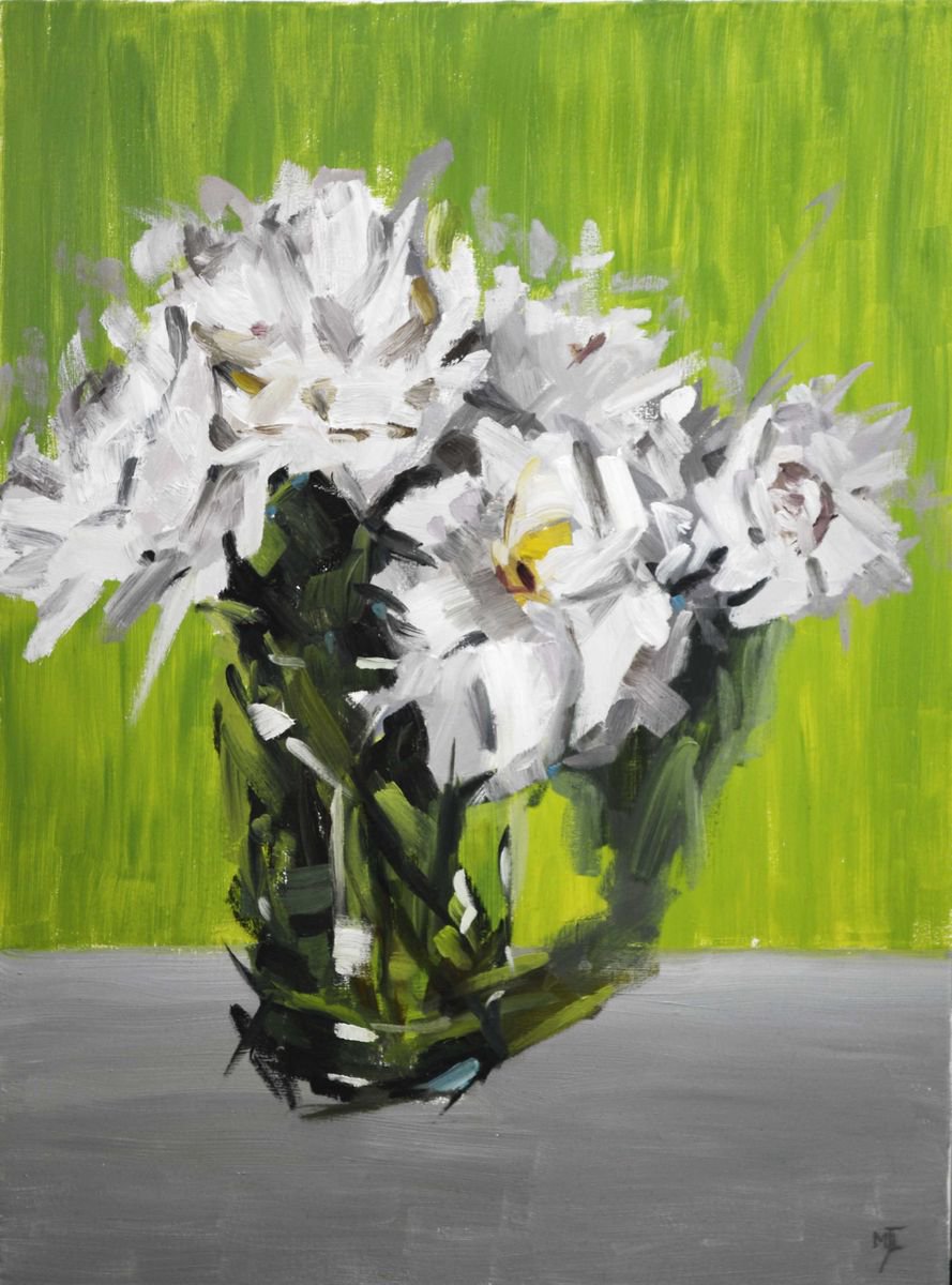 White Flowers against Green and Grey by Michael Jules Lang