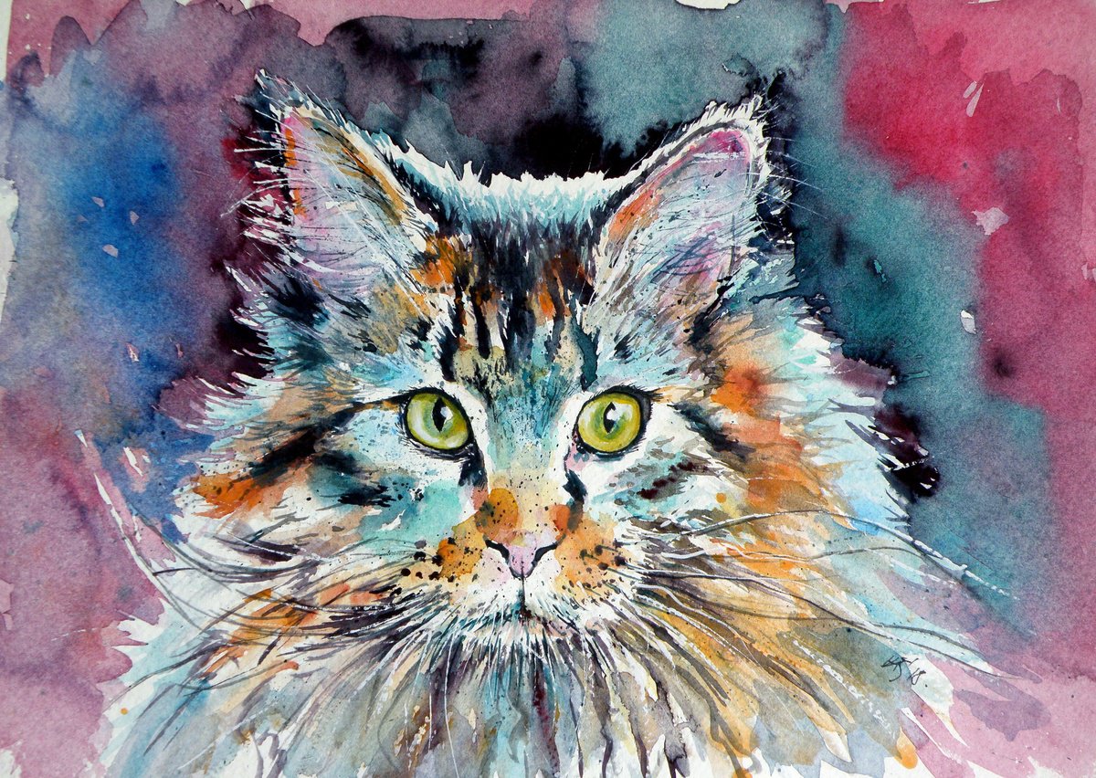 Impressionistic Watercolour , Cute Big Cat By Kovacs Anna Brigitta, 14 X 10, Artwork For Sale On Artfinder