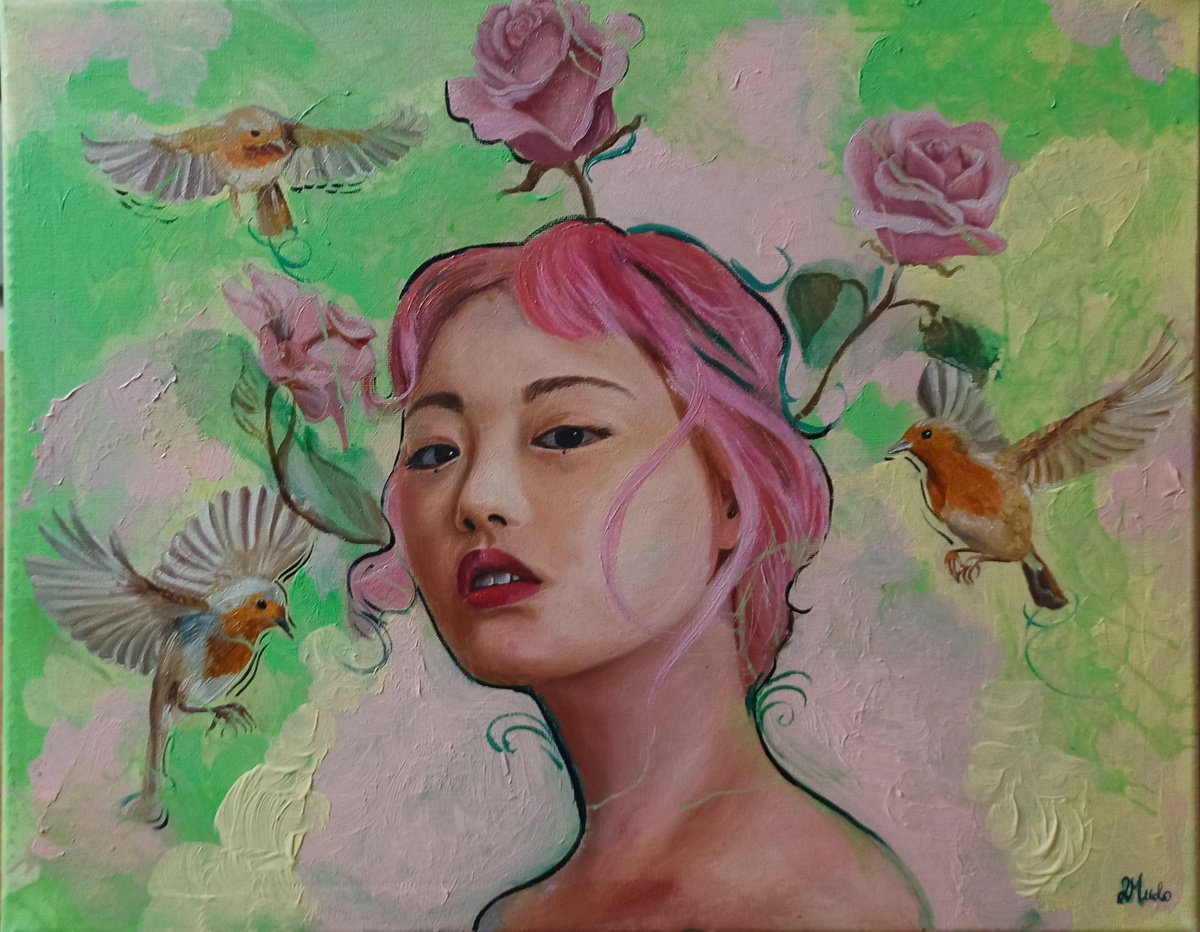 Surrealistic Portrait Oil Painting By Laura Muolo, 20 X 16", I Want To Be Reborn As A Flower, Original Artwork