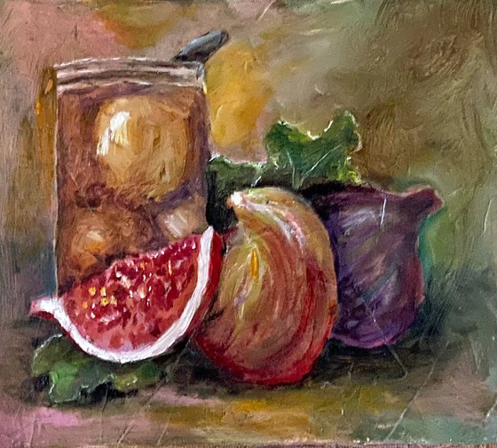 One of a Kind Fig Preserve Oil Painting on gessoed masonite Matted Framed