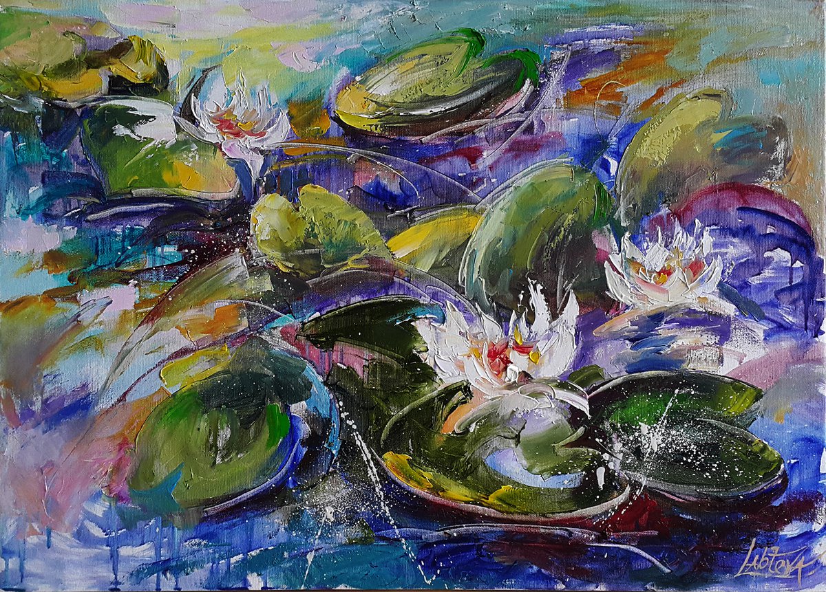 Organic Landscape Oil Painting By Viktoria Lapteva, 29 X 20", White Water Lilies, Original Artwork