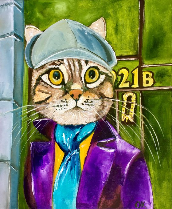 Troy The  Cat- Sherlock Holmes  Baker  Street 221 B   oil painting for cat lovers.