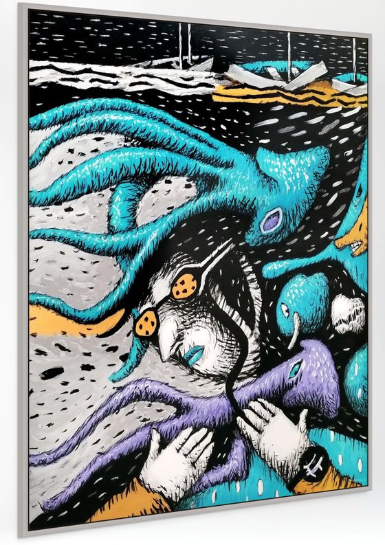 Diver and violet squid