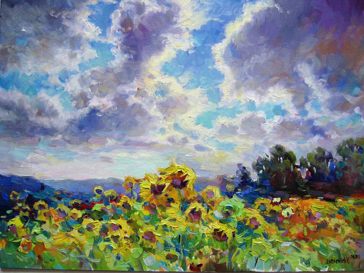 Impressionistic Landscape Oil Painting By Vladimir Lutsevich, 16 X 12", Sunflowers, Original Artwork