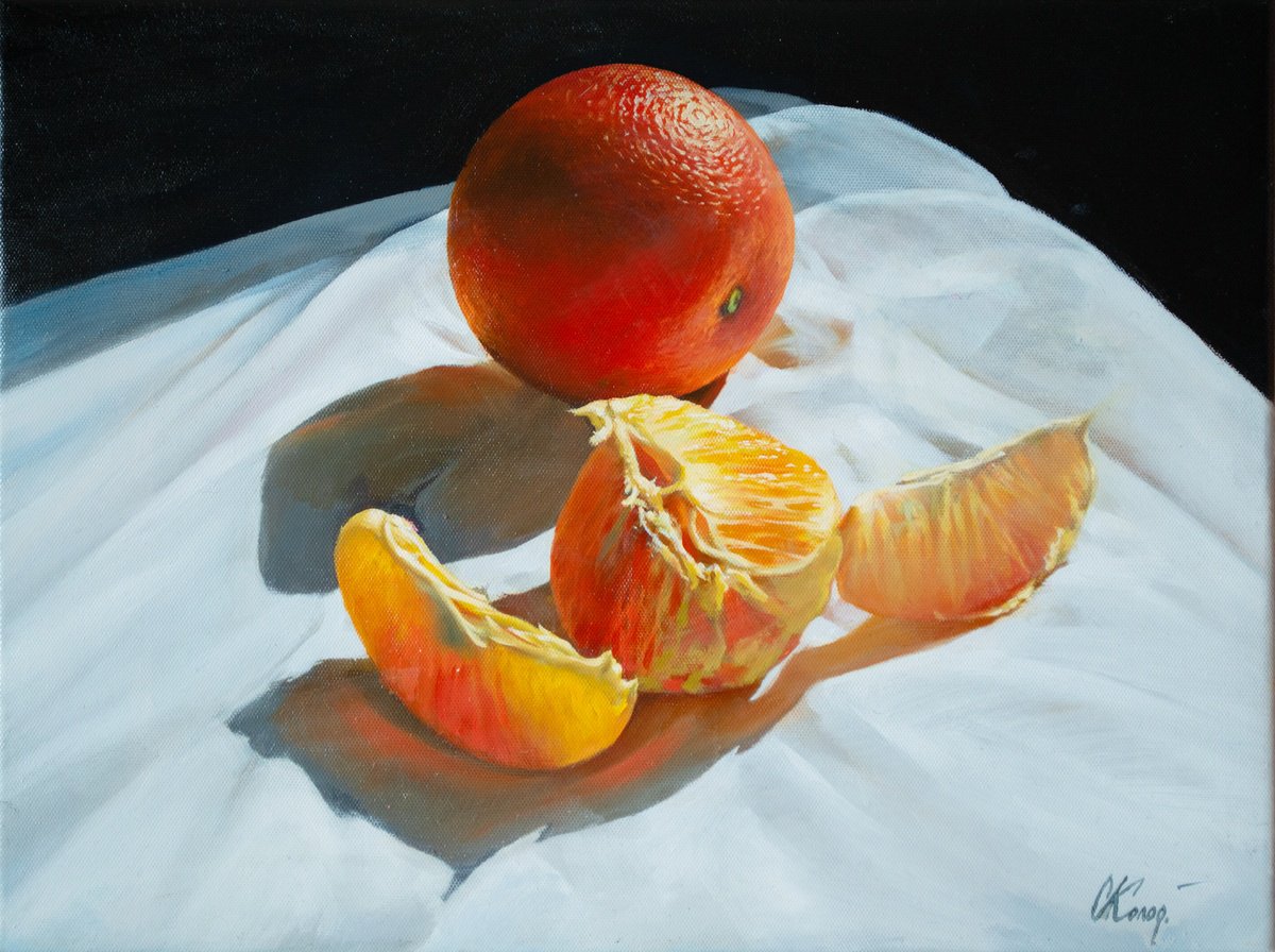 Photorealistic Still Life Oil Painting By Kolodyazhniy Sergey, 16 X 12", Still Life With Orange/4, Original Artwork