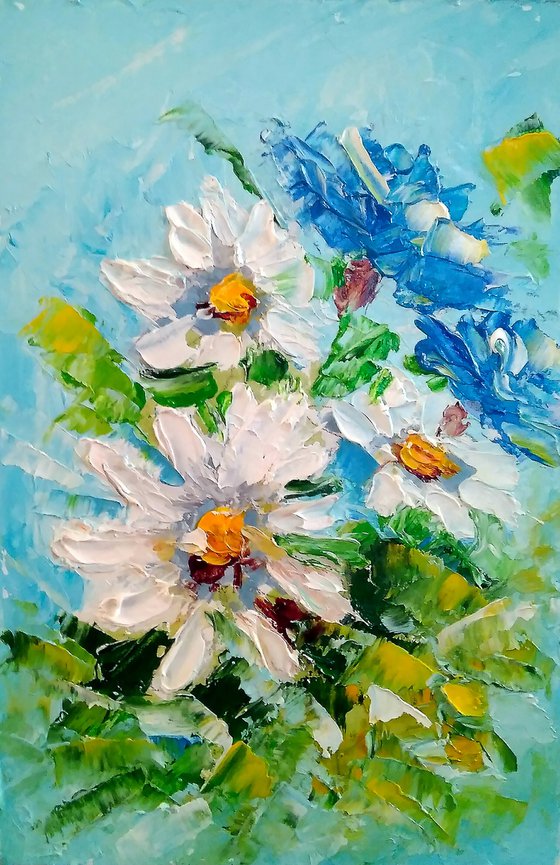 Daisy Painting Floral Original Art Small Flower Artwork Forget Me Not Wall Art