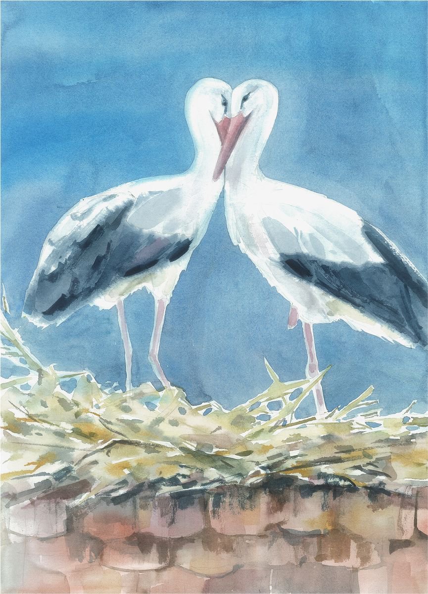 Watercolor painting Storks - Symbol of Love by Anna Shchapova