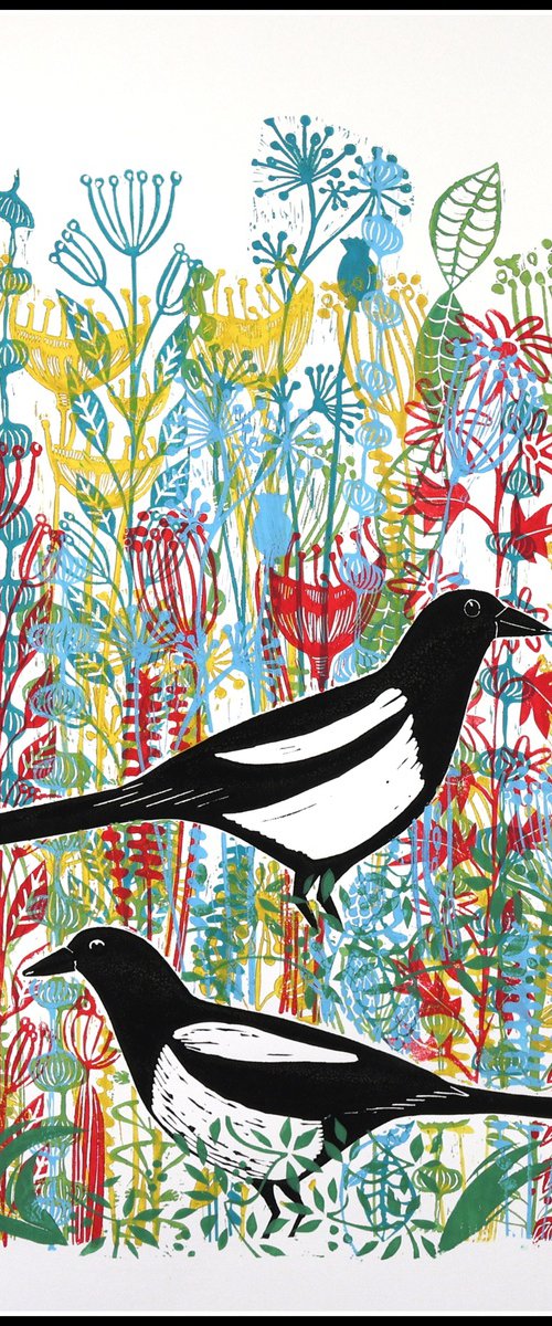 Magpies in the wildflowers by Mariann Johansen-Ellis