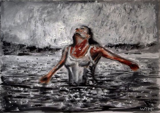 RAINY LAKE GIRL - WELCOME WINTER ! - Thick oil painting - 42x29.5cm