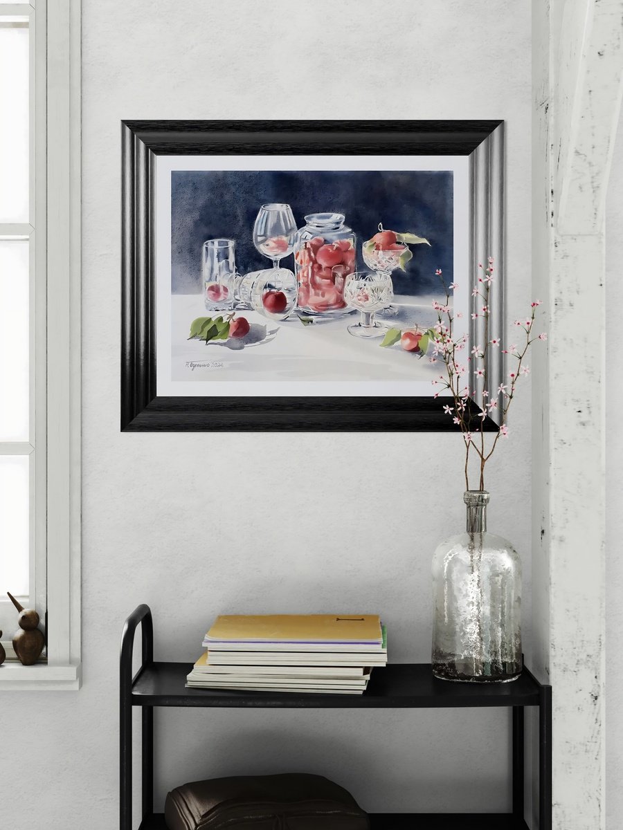 Illustrative Still Life Watercolour By Natalia Butenko, 21 X 15", Apples In Glass, Watercolour, Original Artwork