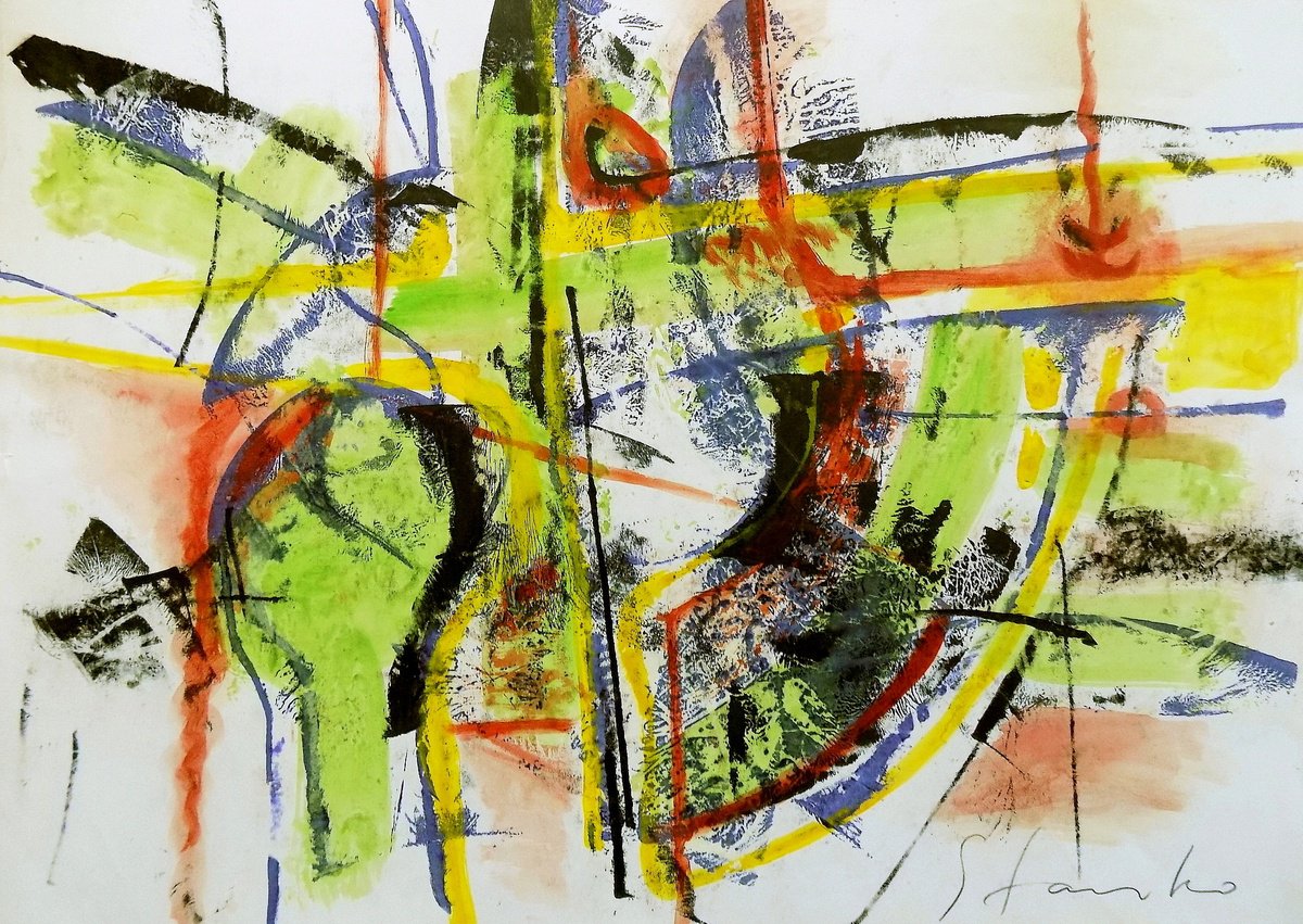 Abstract Acrylic Painting By Stanislav Bojankov, 28 X 20", Improvisation-Lxii, Original Artwork