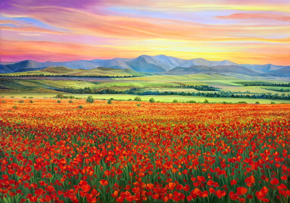 Orange sunset, field of poppies landscape by Anna Steshenko