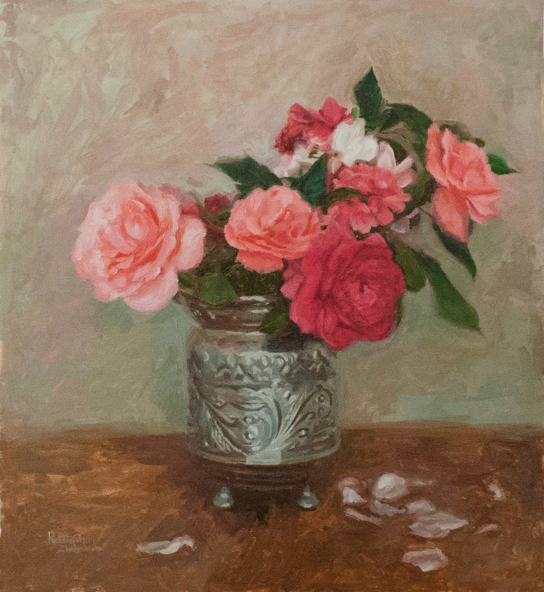 Impressionistic Still Life Oil Painting By Radosveta Zhelyazkova, 16 X 18", Roses, Geraniums And Gardenias, Original Artwork