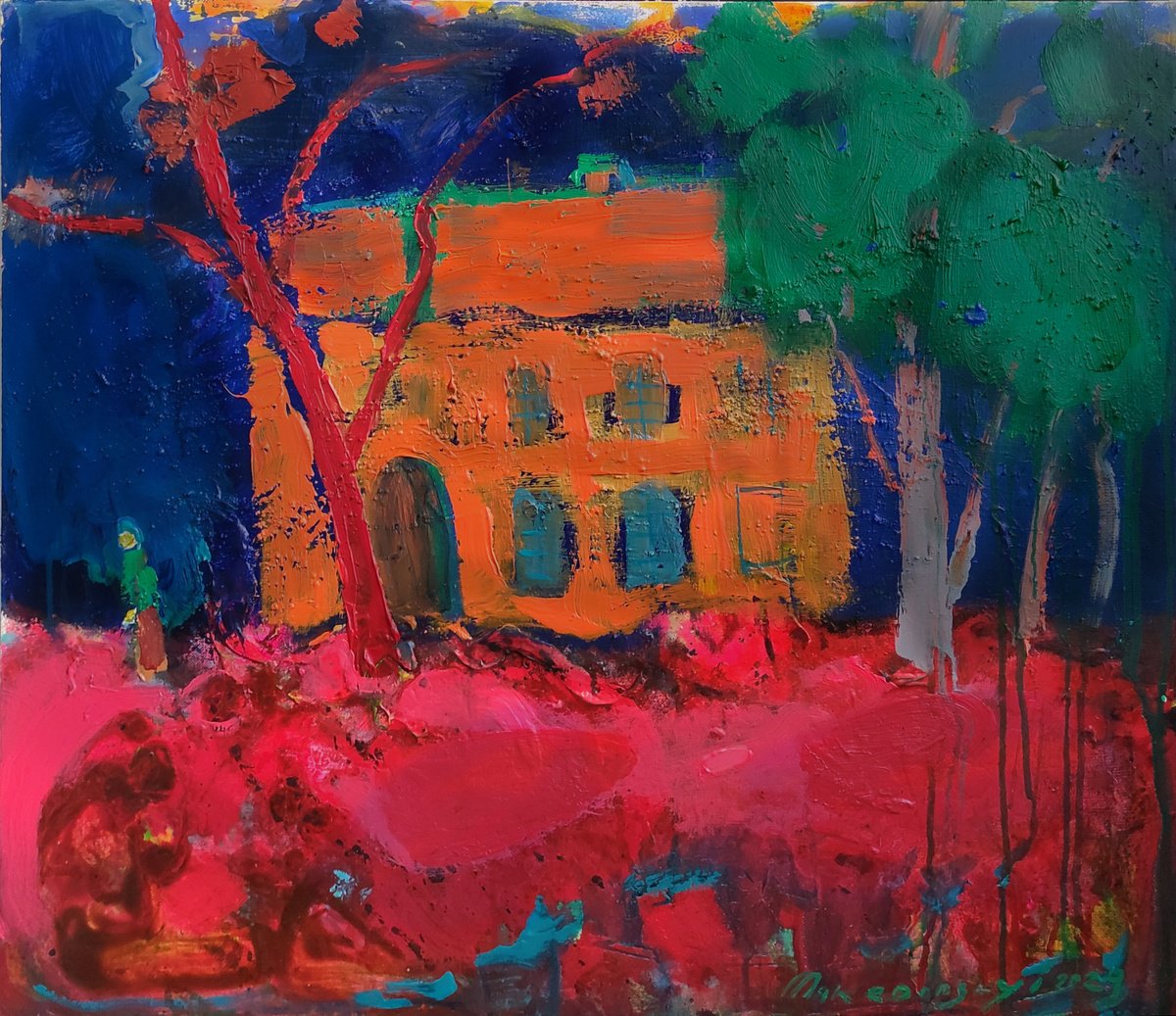 Impressionistic Landscape Acrylic Painting By Pavlo Makedonskyi, 29 X 25", A House With An Arch, Original Artwork