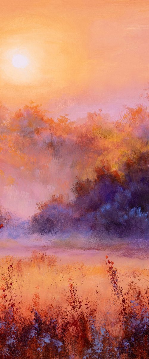 Misty crop fields at dawn by Lucia Verdejo