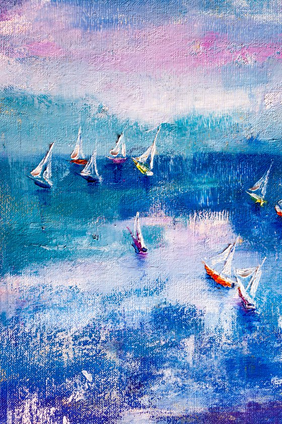 "Yachts at sea" ,  ships , sky