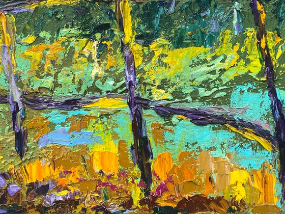 Fields - Yellow mood, 50*60 cm, impasto impressionistic landscape oil painting in yellow and blue colours