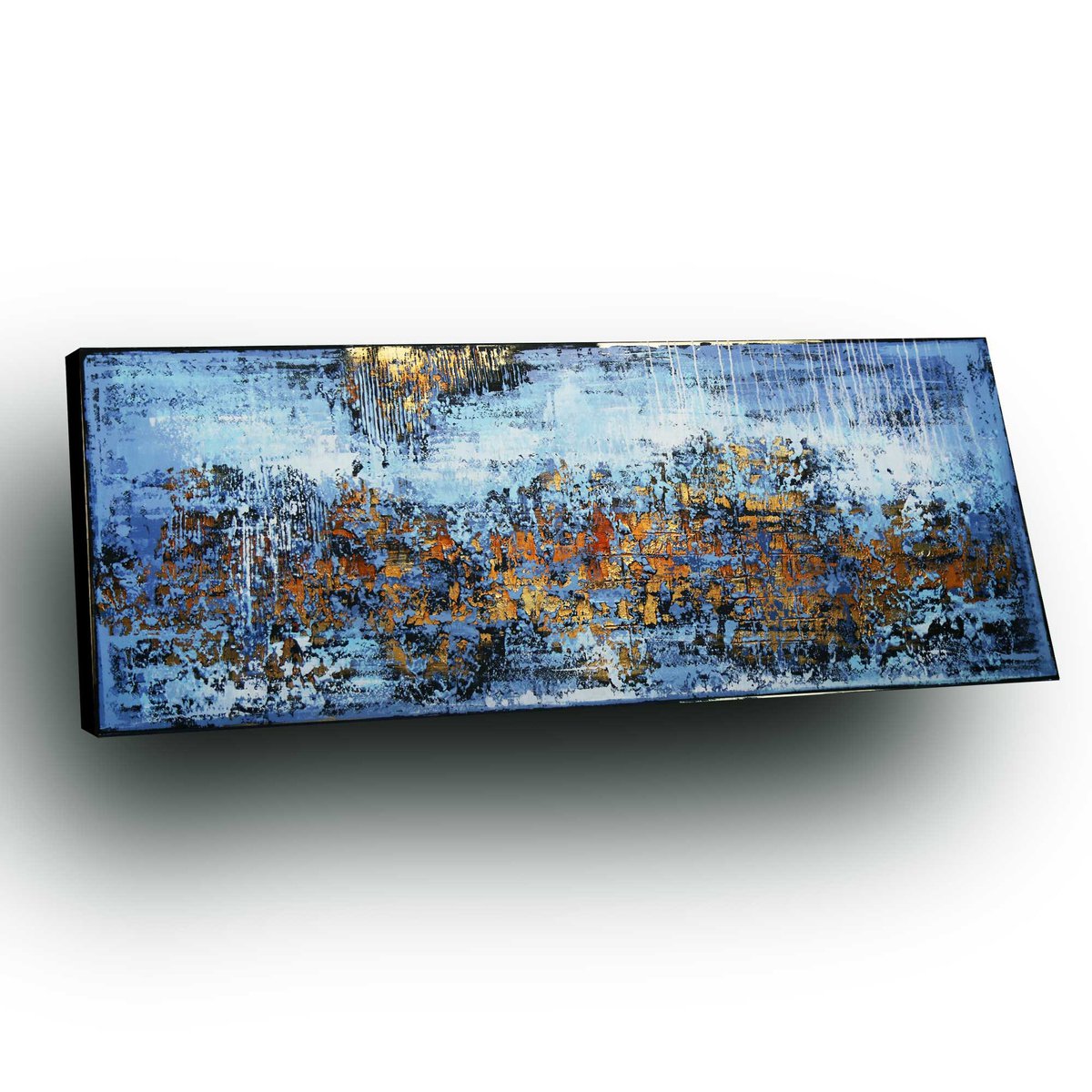 SUNRAYS * 180 x 70 cms * ACRYLIC PAINTING ON CANVAS * WHITE * BLUE * GOLD by Inez Froehlich