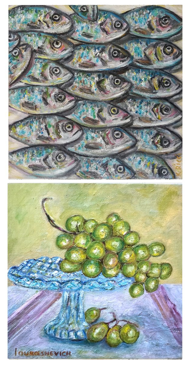 Impressionistic Still Life Oil Painting By Katia Ricci, 8 X 8", Grape And Fishes, Original Artwork