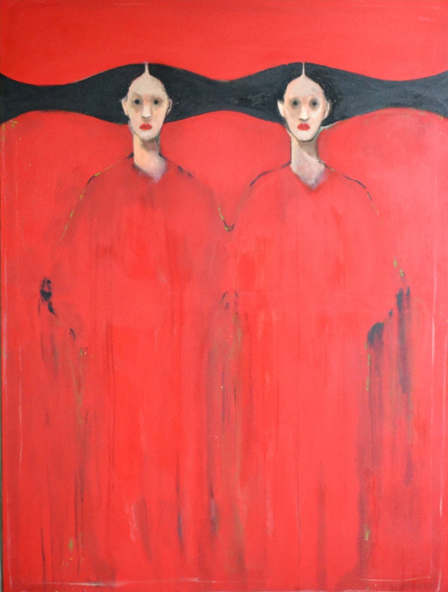 Abstract Portrait Painting By Gela Mikava, 47 X 62, Red Figurative, Original Artwork