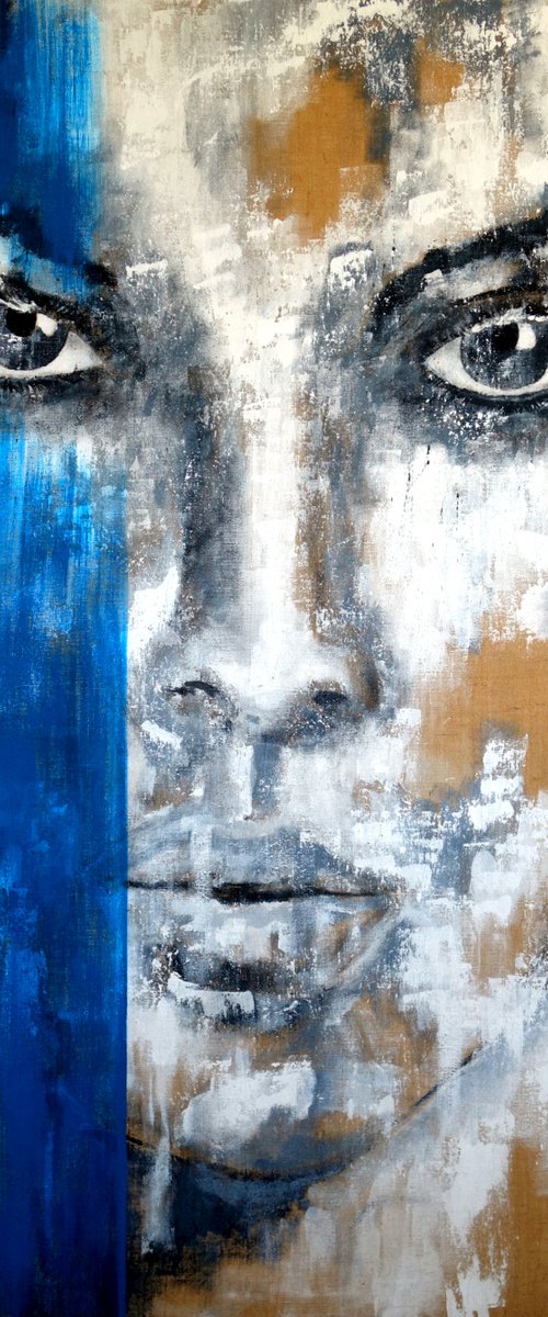 Portrait black & white 150 x 200 cm No. 010768 XXL with blue stripe by Anita Kaufmann