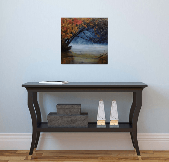 Reflection of autumn, oil painting, original gift, Autumn landscape, Landscape with foghome decor, Bedroom, Living Room, Blue, Leaves, yellow, reflection in water, Lake, Trees, Fog, driftwood, Witchcraft