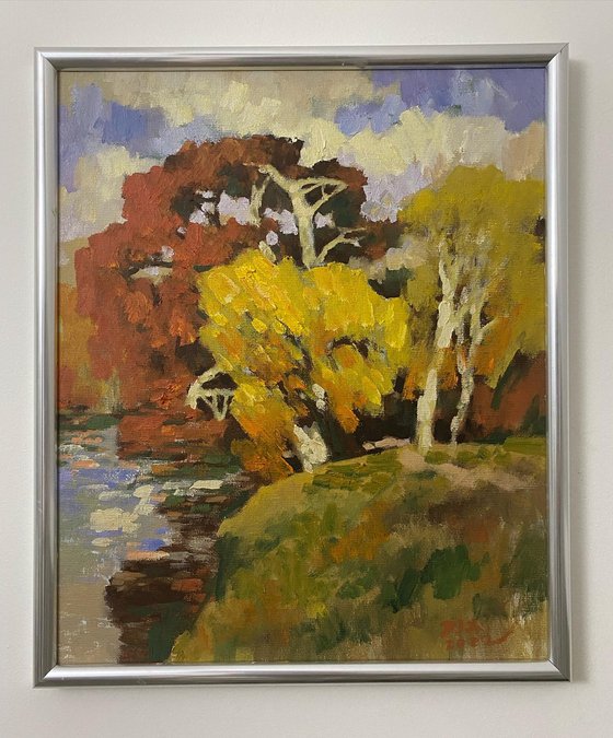 Original Oil Painting Wall Art Artwork Signed Hand Made Jixiang Dong Canvas 25cm × 30cm Trees in Autumn Park small  Impressionism