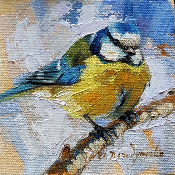 Original bird oil painting framed 4x4, Painting blue yellow bird on branch, Small painting framed of blue tit bird for bird lovers