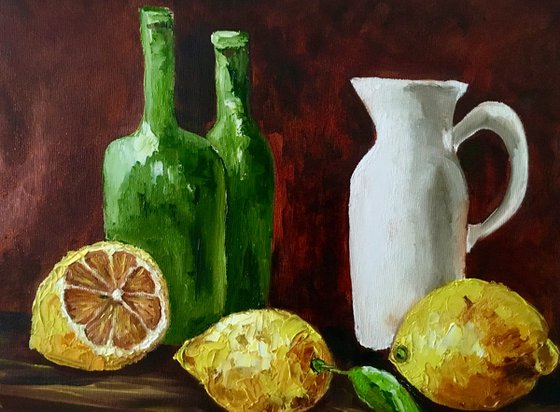 2 Bottles, jar and lemons.  Still life. Palette knife painting on linen canvas