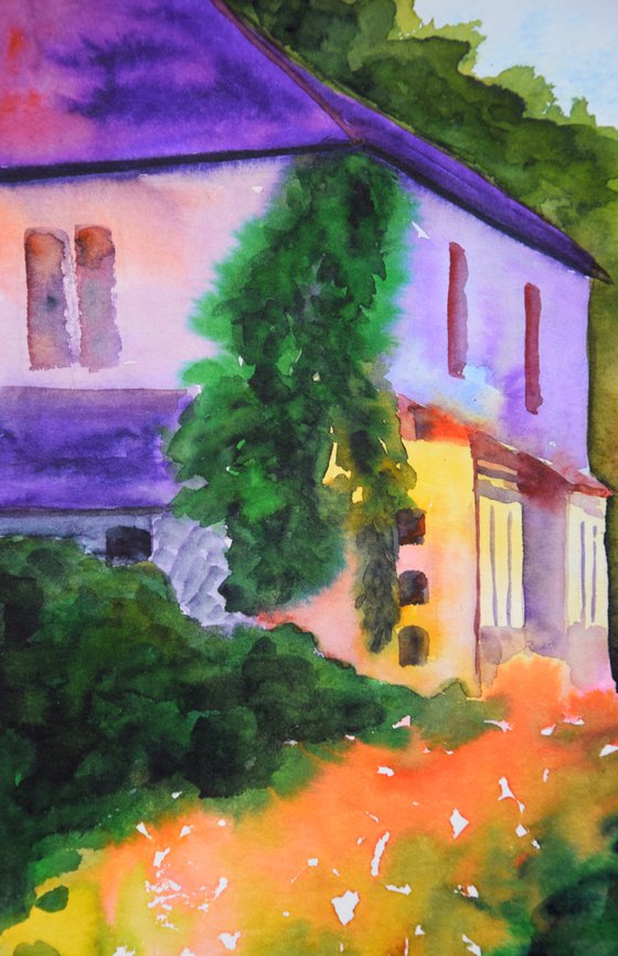 Sunset garden watercolor painting original, evening landscape wall art