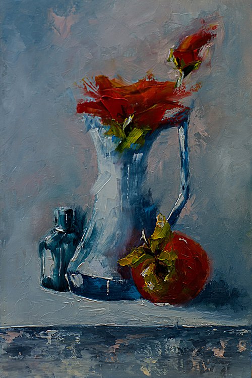 Apple and flowers. Still life painting. Gift idea by Marinko Šaric
