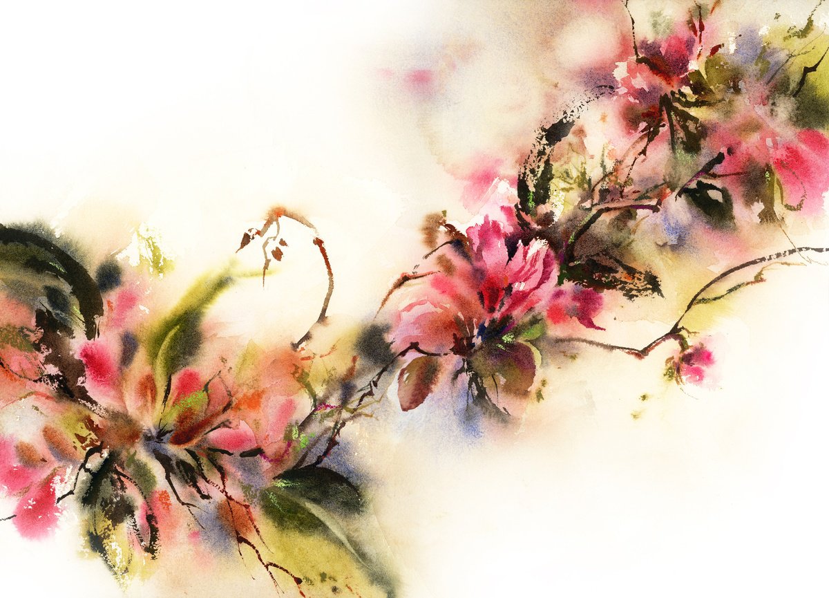 Impressionistic Botanical Painting By Sophie Rodionov, 16 X 12", Pink Flowers, Original Artwork