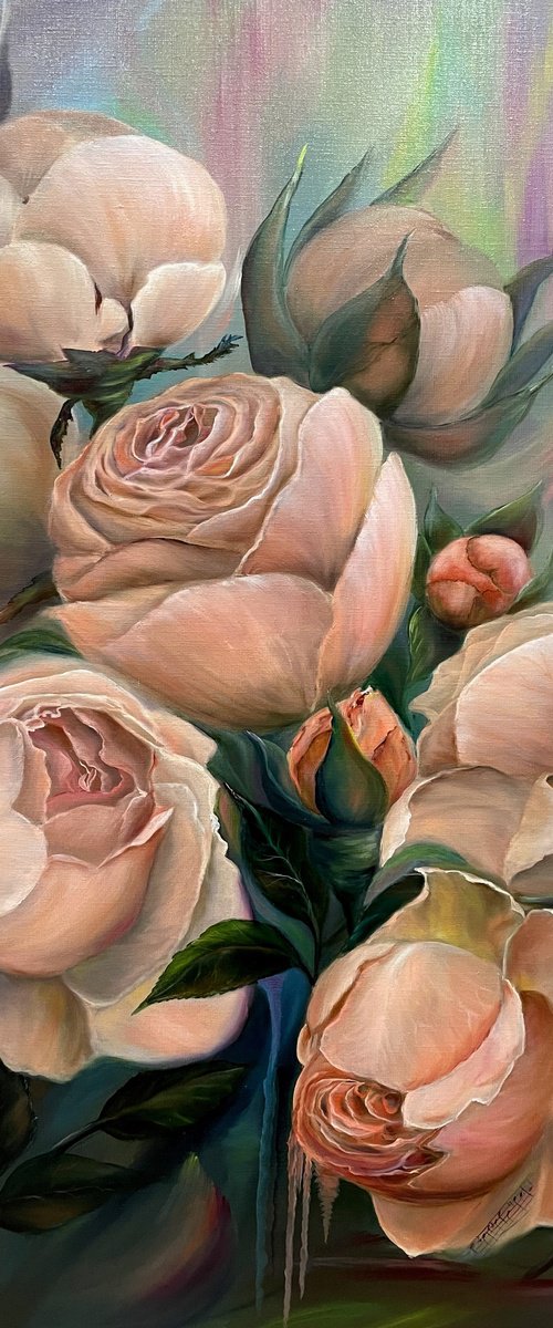 Pink powder, oil painting, original gift, home decor, Flowering, Spring, Leaves, Pink roses, powdered roses, picture with delicate flowers,Living Room,  flower picture by Natalie Demina