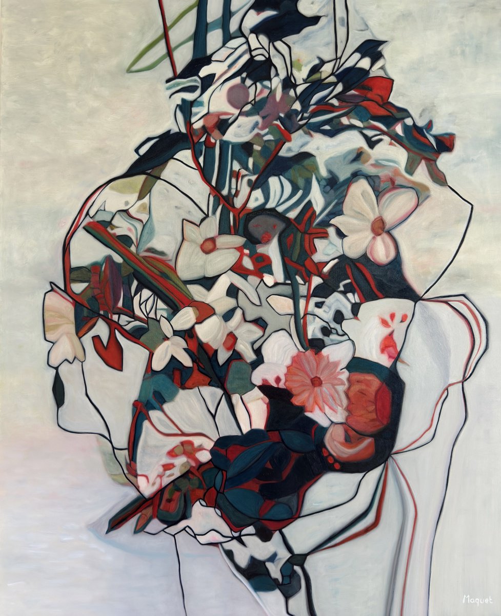 Organic Botanical Oil Painting By Nathalie Maquet, 32 X 39", Entrelacee 24, Original Artwork